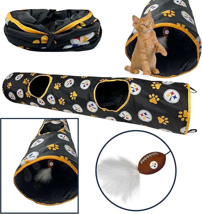 NFL Pittsburgh Steelers Cat Tunnel Tube Toy with Plush Football Catnip and Feathers Collapsible Tunnel for Cats to Play, Peek and Hide, Sporty & Fun Cat Tunnel Toy with Team Logo All-Over Design!-Mewly Pet