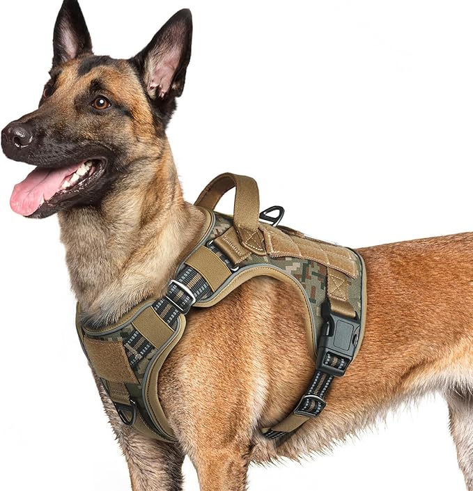 rabbitgoo Dog Harness for Large Dogs No Pull, Tactical Service Pet Vest with Molle and Control Handle, Adjustable and Reflective Military Harness for Easy Walking and Training, Desert camo, L-Mewly Pet