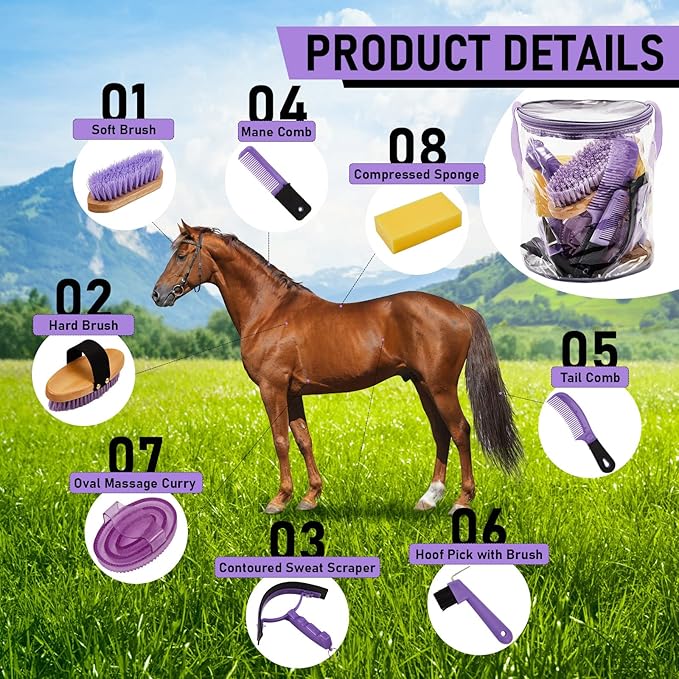 9 Pieces Horse Grooming Kit Tack Room Supplies Set with Organizer Tote Bag, Oval Massage Curry, Hard and Soft Brush, Hoof Pick, Sweat Scraper, Bathing Sponge, Combs for Horse Riders Beginners (Purple)-Mewly Pet