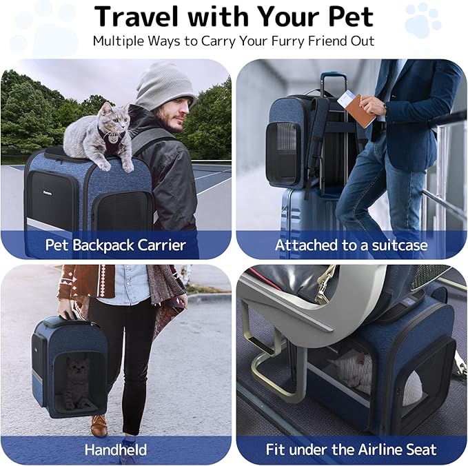 Pawtners Cat Carrier Backpacks Expandable Pet Backpack with Breathable Mesh, Pet Carrier Backpack for Cats Small Dogs Puppies Up to 18 Lbs, Dog Carrier Backpack for Travel Hiking Camping Outdoor Blue-Mewly Pet