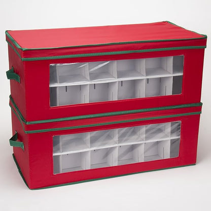 Household Essentials Ornament Storage Box, 36 Piece with Dividers, Sturdy and Stackable with Handles and Clear Plastic Window, Red Polyester Linen with Green Trim