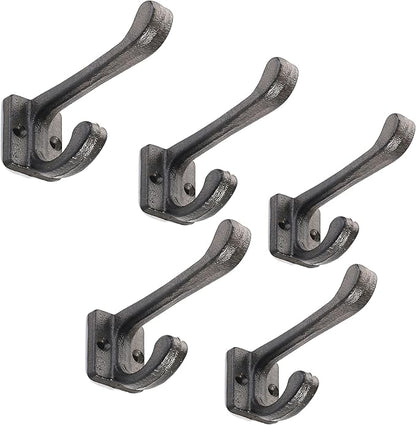 5 Pack Decorative Cast Iron Heavy Duty Double Hooks, Wall Mounted Coat Hooks, Vintage Inspired (Antique Black) (Modern Type)