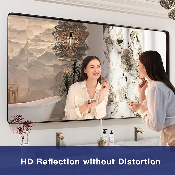 ISKM Black Framed Mirror for Bathroom 55" x 36" Matte Black Bathroom Vanity Mirror Anti-Rust, Tempered Glass, Rounded Rectangle Mirror(Horizontal/Vertical)