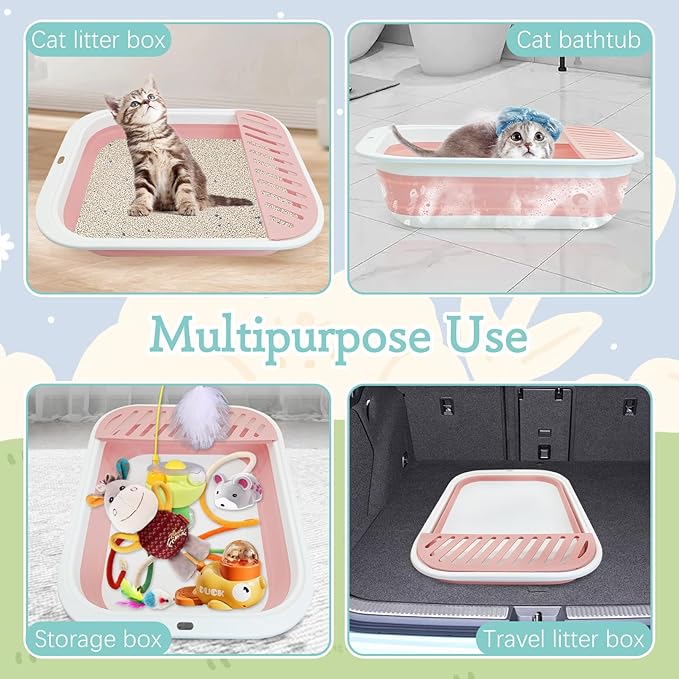 Fhiny Cat Litter Box Portable Shallow Litter Box 17.7"x13.4"x4.9" Foldable Cat Toilet with Scoop Open Kitty Potty Pan with Litter Drop Pedal Easy to Clean Travel Kitten Toilet(Pink)-Mewly Pet