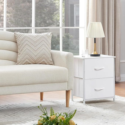 Somdot Nightstand, Small Dresser for Bedroom with 2 Drawers, Bedside Table Night Stand End Table with Fabric Bins for Bedroom Kids Closet Dorm Guest Room, White Leather