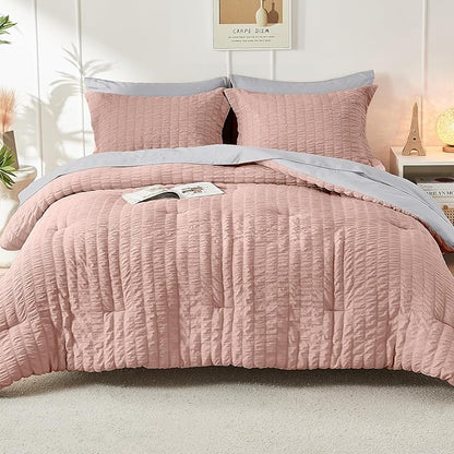 HYMOKEGE Rose Gold/Light Grey Twin Comforter Set Seersucker 5 Pieces, All Season Luxury Bed in a Bag for Bedroom, Bedding Set with Comforter, Sheets, Pillowcase & Sham