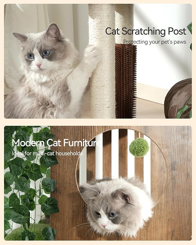 FourFurPets Large Cat Tree with Leaves, 72.8-Inch Cat Tower for Indoor Cats, Modern Cat Tree with Scratching Post, Large Perch, Tunnels, Swing Ball, Self Groomer, Greige-Mewly Pet