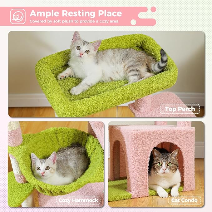 PEQULTI 36.5'' Cat Tree for Indoor Cats, Small Cat Tower with Large Condo, Cat Scratching Posts, Cozy Hammock and Scratching Ladder for Kittens, Pink-Mewly Pet