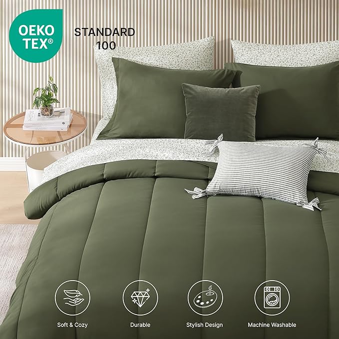 Monbix Queen Comforter Set - 7 Pieces Olive Green Bed in a Bag Queen Track Stitching Bedding Sets, All Seasons Down Alternative Comforter Bed Set with Sheets,Pillowcases & Shams
