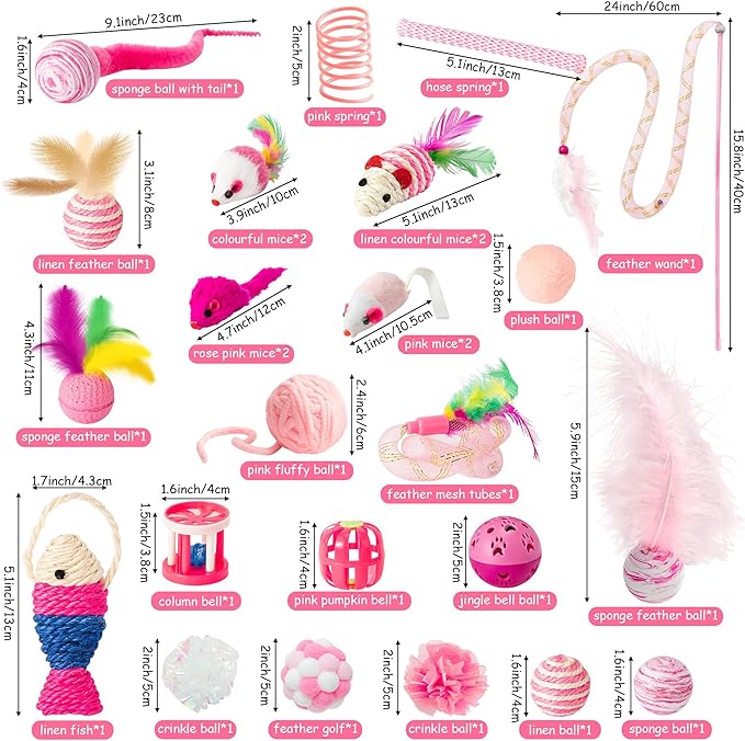 MALLMALL6 Cat Interactive Toys Set - 27Pcs Kitten Toys Stuff Pink Feather Teaser Wand Springs Mice Sisal Fish Crinkle Balls Bell Balls, Puzzle Gift Pack for Indoor Kitty Play Exercise-Mewly Pet