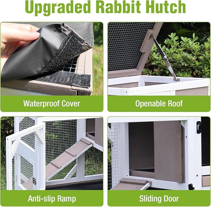 Wooden Rabbit Hutch with Two Story, Bunny Cage with Leak-Proof Trays, and Chew-Proof Ramp, Guinea Pig Cage with Wheels, Suitable for Indoor/Outdoor Use (Brown)-Mewly Pet
