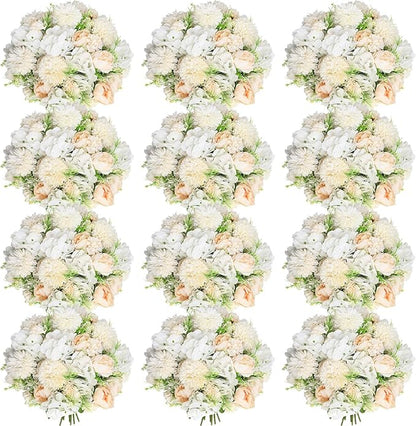Tigeen Artificial Flowers Artificial Peonies Silk Flowers Faux Peony Fake Peony Silk Hydrangea Bouquet for Wedding Table Centerpiece Floral Vase Decor(Champagne White,12 Bundles)