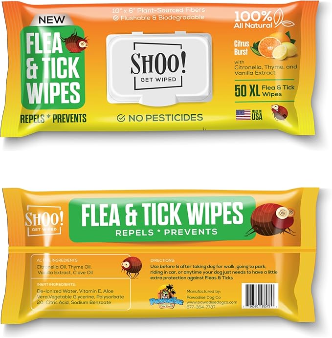 Shoo! Flea & Tick Wipes for Dogs | Convenient, Easy On-The-Go Protection | Plant Based, Natural Oils, Chemical Free | Repels & Prevents | 50 XL Wipes | (Citrus Burst)-Mewly Pet