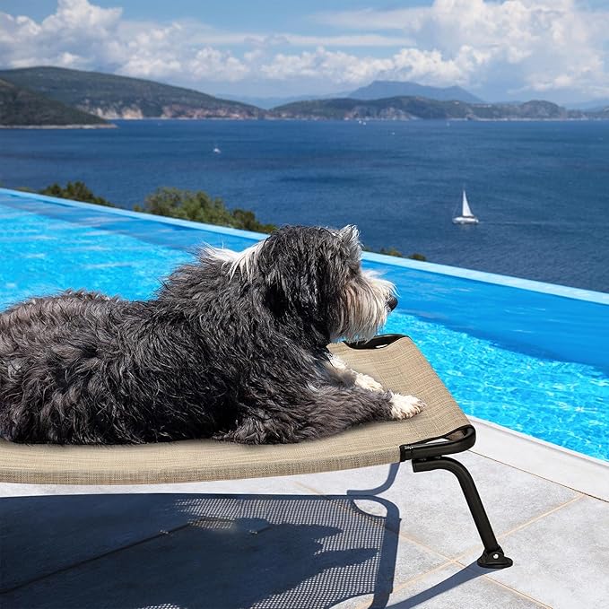 Veehoo Outdoor Elevated Dog Bed, Cooling Raised Dog Cots Beds for Medium Dogs, Portable Waterproof Curved Dogs Hammock Bed for Outside, up to 100lbs, Black Legs, Beige 32"-Mewly Pet