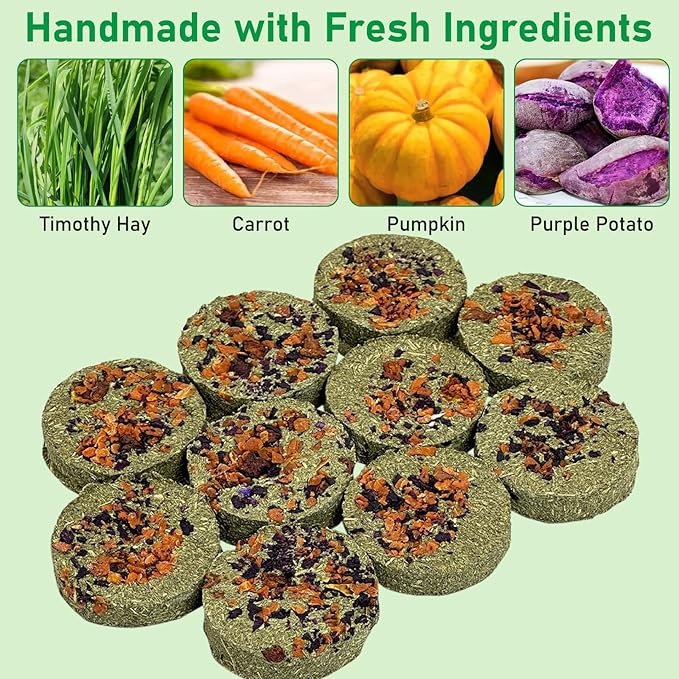 Fhiny 24 PCS Rabbit Chew Toys, Natural Timothy Hay Carrot Pumpkin Purple Potato Biscuit Cubes Bunny Chew Treats for Teeth Care Small Animals Molar Snacks for Hamster Guinea Pig Chinchilla Rat-Mewly Pet