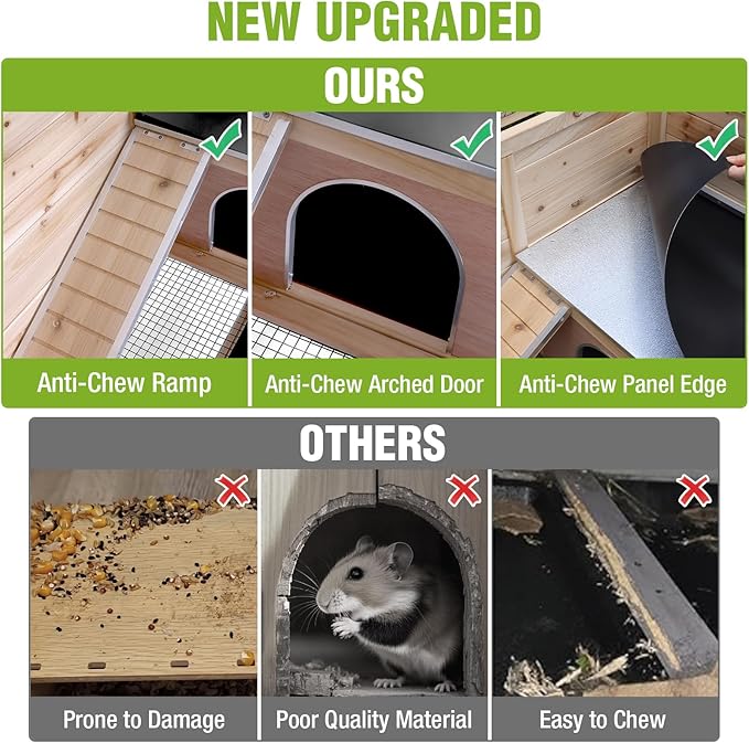 GUTINNEEN Indoor Guinea Pig Cages - Wooden Rabbit Cage Bunny Hutch with Chew-Proof Ramp, Pull-Out Tray, Leakproof PVC Layer & Detachable Legs for Rabbits, Guinea Pigs (Natural Wood)-Mewly Pet