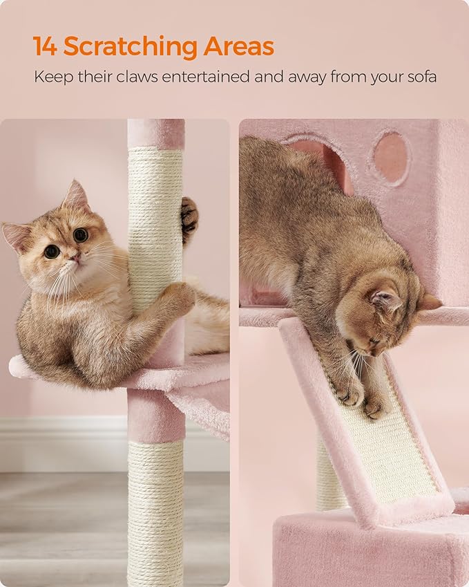 Feandrea Cat Tree, 81.1-Inch Large Cat Tower with 13 Scratching Posts, 2 Perches, 2 Caves, Basket, Hammock, Pompoms, Multi-Level Plush Cat Condo for Indoor Cats, Jelly Pink UPCT190P01-Mewly Pet