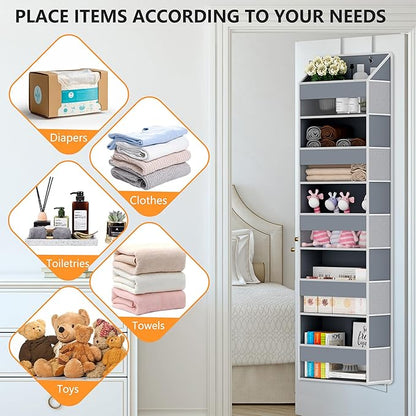 Over The Door Organizer - Over Door Storage Organizer with 5 Large Pockets & 10 Mesh Side Compartments - Heavy-Duty Hanging Storage for Bathroom, Bedroom & Closet - Baby Room Organize Solution