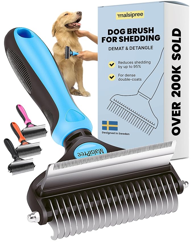 MalsiPree Dog Brush for Shedding - 2 in 1 Undercoat Rake Deshedding Tool for Medium to Large Double-Coated Dog Grooming - Pet Dematting Comb - Pet Deshedder (Blue)-Mewly Pet
