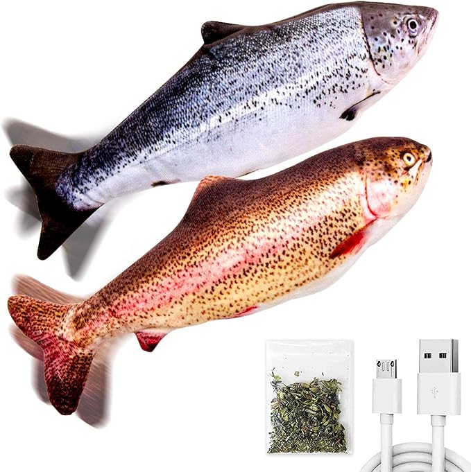 TOOGE 2 Pack 9" Floppy Fish Cat Toys with SilverVine and Catnip for Indoor Cats Interactive Flopping Fish Cat Kicker Catnip Toys for Cats Puppy Small Dogs (Salmon + Rainbow Trout)-Mewly Pet