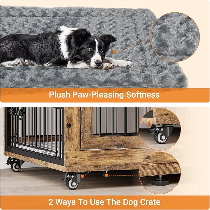 Lulive Dog Crate Furniture, XL Wooden Dog Kennel Indoor Double Doors Dog Cage, 44'' Heavy Duty Dog Crate with Cushion & Wheels, Decorative End Table Pet House Chew-Resistant for Large Dogs, Brown-Mewly Pet