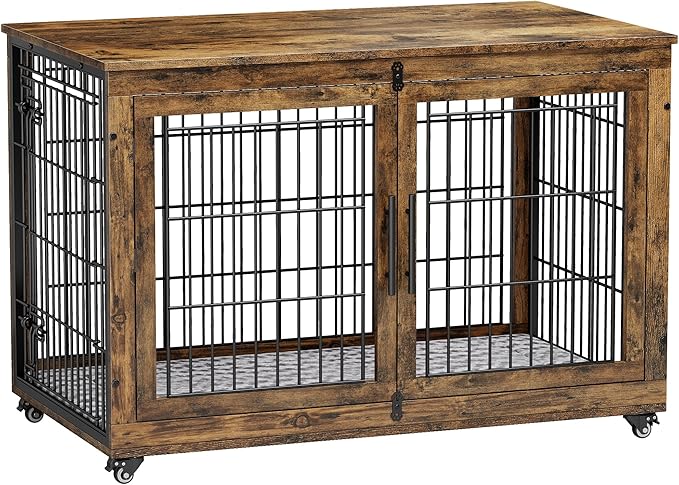 Lulive Dog Crate Furniture, XL Wooden Dog Kennel Indoor Double Doors Dog Cage, 44'' Heavy Duty Dog Crate with Cushion & Wheels, Decorative End Table Pet House Chew-Resistant for Large Dogs, Brown-Mewly Pet
