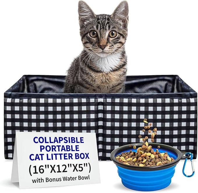 Pet Fit For Life - Vibrant Collapsible Travel Cat Litter Box - Portable, Foldable, Compact Design with Bonus Water Bowl - Ideal for Car & Camping - Reusable, Cats Safe - Black, (16"x12"x5")-Mewly Pet