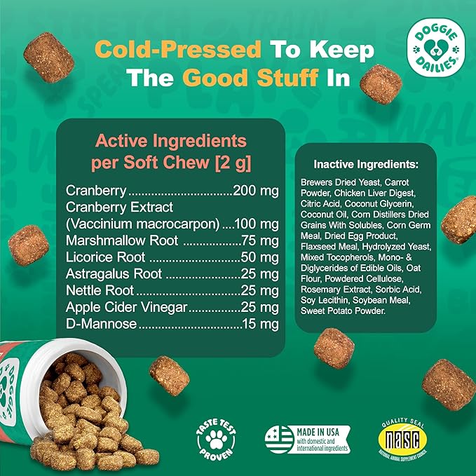 Doggie Dailies Cranberry Supplement for Dogs - Urinary Tract, Bladder & Kidney Support for Dogs - Cranberry for dogs with Marshmallow Root, Licorice Root & Apple Cider Vinegar (Chicken) 225 Soft Chews-Mewly Pet