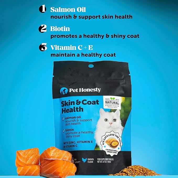 Cat Skin & Coat Health Crunchy & Creamy Chews - Omegas, Vitamin C + E, Biotin Supplement, Soothes Skin and Promotes Shiny Coat, Cat Supplements & Vitamins - Chicken (30-Day Supply)-Mewly Pet