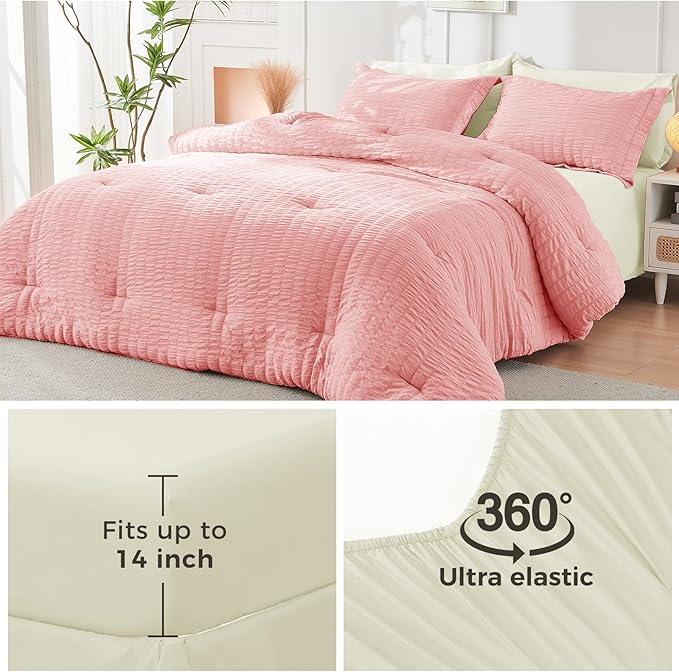 HYMOKEGE Pink/Ivory Full Size Comforter Sets Seersucker 7 Pieces, All Season Luxury Bed in a Bag for Bedroom, Bedding Set with Comforter, Sheets, Pillowcases & Shams