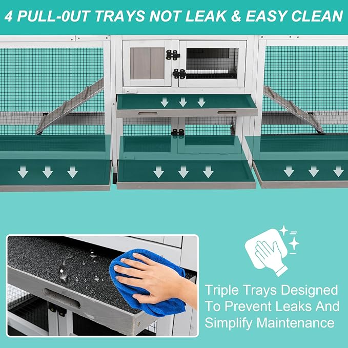 2-Tier Rabbit Hutch with Wheels, Indoor & Outdoor Small Animal Cage with Deep Pull-Out Tray, Anti-Chew Frame, Habitat for Bunny, Guinea Pig, Chinchilla (93" L x 19" W x 35" H)-Mewly Pet