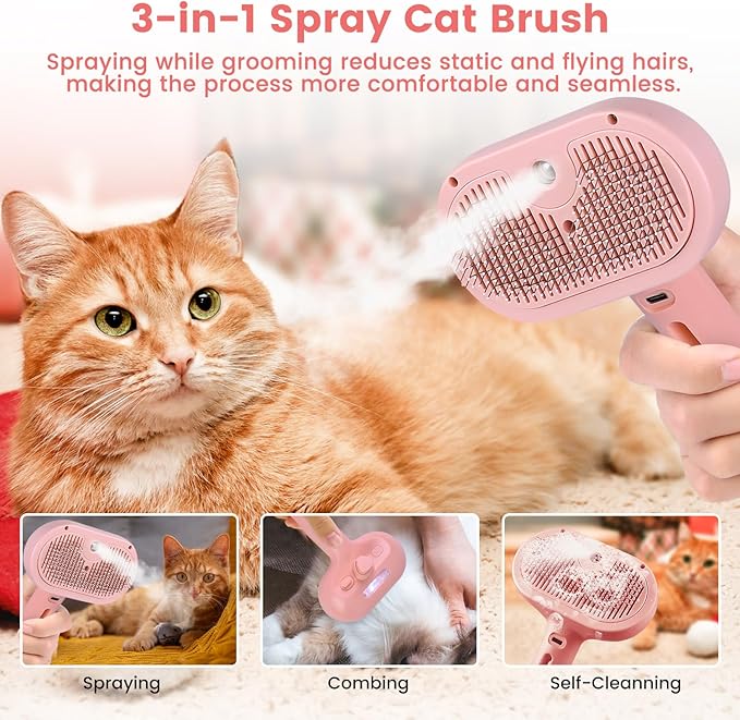Steam Brush for Shedding Pets - Self-Cleaning Grooming Comb with Water Tank for Long & Short Haired Cats and Dogs (Pink)-Mewly Pet