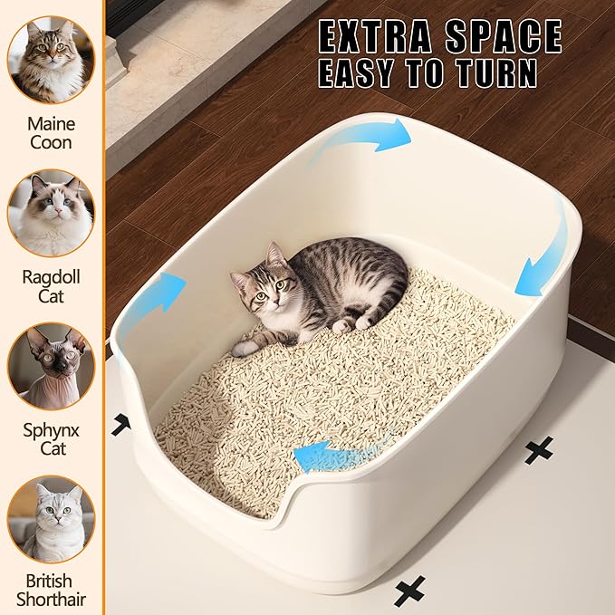 Gefryco Large Cat Litter Box with High Sided 24.6"x18.3"x12.2" - Jumbo Extra Large Open Anti - Splashing High Wall for Multiple Cats (White)-Mewly Pet