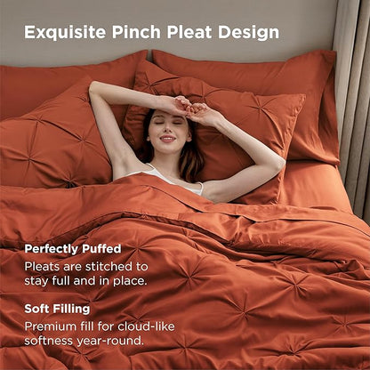 Bedsure King Size Comforter Set Burnt Orange - Bed in a Bag Bedding Set 7 Pieces, GentleSoft™ Pintuck Bed Set Gift for Family, Pinch Pleat Burnt Orange Comforter with Sheets, Pillowcases & Shams