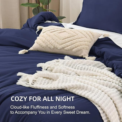 Litanika Comforters Navy Blue Oversized Queen Size, 3 Pieces Lightweight Solid Bedding Set & Collections, All Season Fluffy Bed Set (98x98In Comforter & 2 Pillowcases)