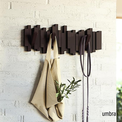 Umbra Sticks Wall-Mounted Coat Rack Rail Hook with 5 Retractable Pegs – Modern, Space-Saving Storage Organizer, Espresso