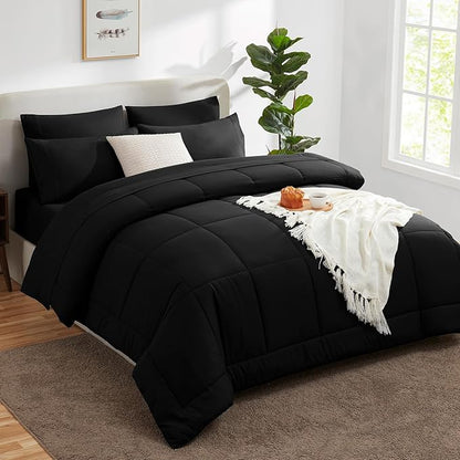 CozyLux King Size Comforter Set Black, 7 Pieces Bed in a Bag, Black Comforter King Size, All Season Bedding Sets with Stitch Quilted Comforter, Flat Sheet, Fitted Sheet, Pillowcases