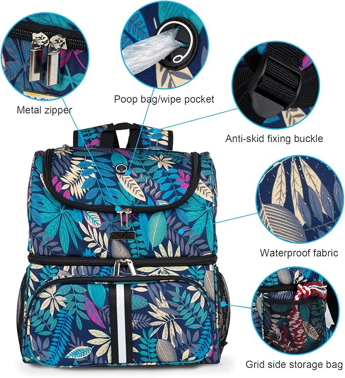 BAGLHER Pet Travel Bag, Double-Layer Pet Supplies Backpack (for All Pet Travel Supplies), Pet Travel Backpack with 2 Silicone Collapsible Bowls and 2 Food Baskets Hawaii-Mewly Pet