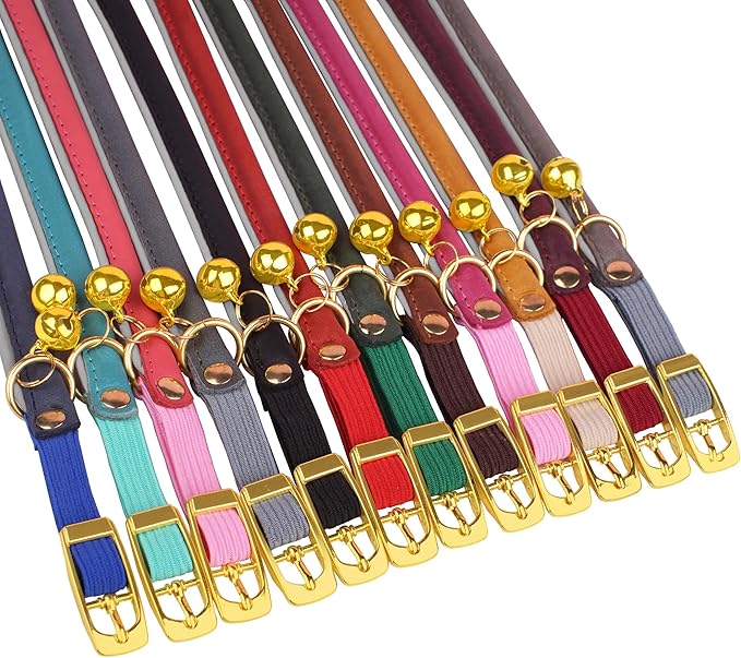OOPSDOGGY Rolled Leather Cat Collar with Bell - Reflective Kitten Collar with Safety Elastic Strap - Adjustable Small Pet Collars for Boy Girl Cats (Camel)-Mewly Pet