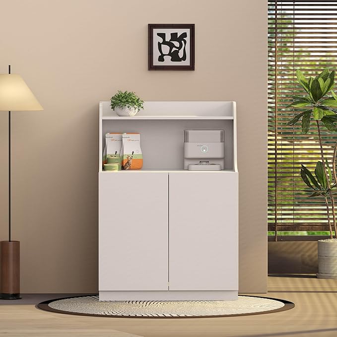 Large/Tall Litter Box Enclosure, Modern Wooden Litter Box Furniture for XL Litterbox with Open Shelf as Sideboard Cabinet (White)-Mewly Pet