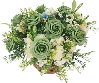 Artificial Rose Flowers 25pcs, Military Green Foam Fake Rose Faux Flower for Wedding Bouquets Bridal Shower Centerpieces Floral Arrangements Home Decorations Party Backdrops Table