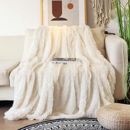 Tuddrom Decorative Extra Soft Faux Fur Blanket Twin Size 70" x 78",Solid Reversible Fuzzy Fluffy Cozy Plush Blanket for Couch Sofa Bed,Cream White