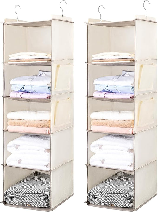 BOOMIBOO Hanging Closet Organize and Shelves，5-Hanging Shelf with 2 Side Pockets，Storage Foldable （2 Pack ，Beige）