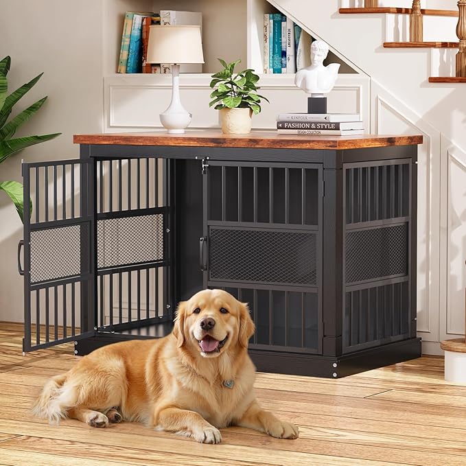 VOPEAK 46" Dog Crate Furniture, Chew Resistant Large Dog Crate for Medium Large Dogs, Heavy Duty XL Dog Crates Dog Kennel Cage Indoor with Double Doors, End Table for Bedroom Living Room, Black-Mewly Pet