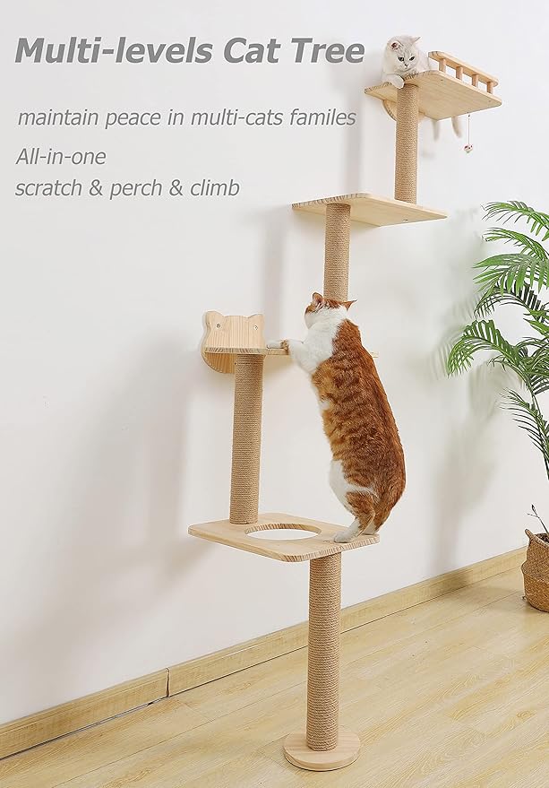 Cat Tree Wall Mounted with 4 Levels Shelves, 73" Wood Corner Tower Inside Kitten Scratching Post for Climbing,Perching and Lounging (Left to Right)-Mewly Pet