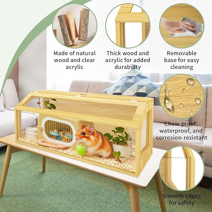 48" Large Hamster Cage, Chewproof Gerbil Cages and Habitats, Openable Top Roof Window with Silencing Pad, Wooden Guinea Pig Cage for Small Animals, Dwarf and Syrian Hamster, 40 x 20 x 20 Inches-Mewly Pet