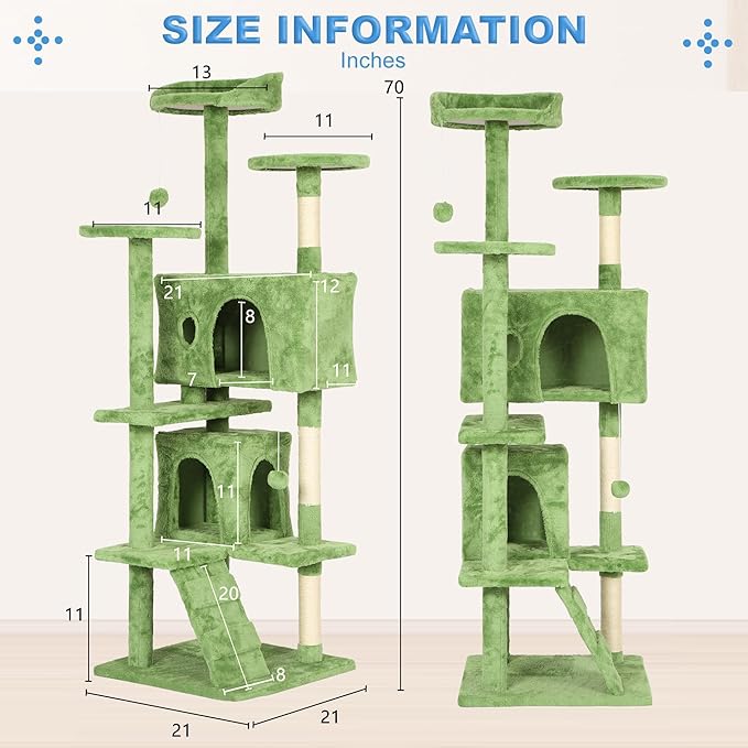 FDW Cat Tree 70in Cat Tower Multi-Level Durable Cat Scratching Post & Cozy Fun Cat Jumping Platform Space Saving Cat Condo Pet Play House for Indoor Cats,Green-Mewly Pet