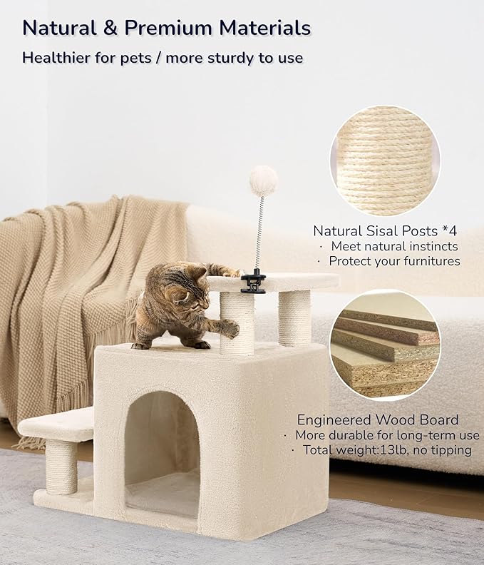 Happi N Pets Dog Stairs with Cat Scratching Post & Large Condo, Stable Pet Steps for High Beds Couch, 3 Combinations Cat Ramp Tree Tower for Cats or Small Dogs, Removable Cushion & Bonus Toy, Beige-Mewly Pet