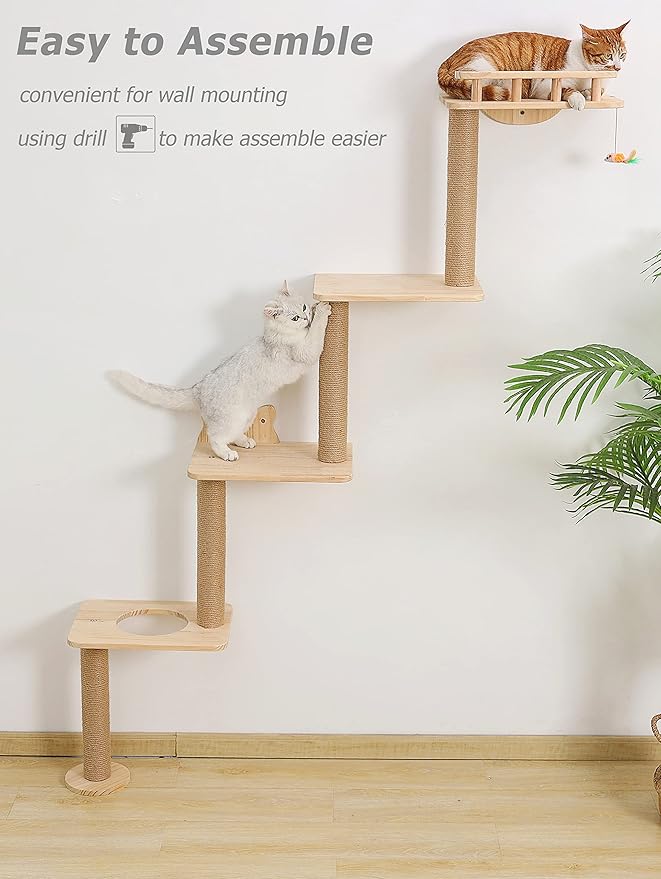 Cat Tree Wall Mounted with 4 Levels Shelves, 73" Wood Corner Tower Inside Kitten Scratching Post for Climbing,Perching and Lounging (Left to Right)-Mewly Pet