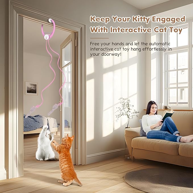 Interactive Cat Toys Rechargeable, Feather Toy for Indoor Cat, Hanging Retractable Teaser Toy, Automatic Kitten Play Chase Exercise Toys with Three Plush Mouse, USB Powered (Pink)-Mewly Pet